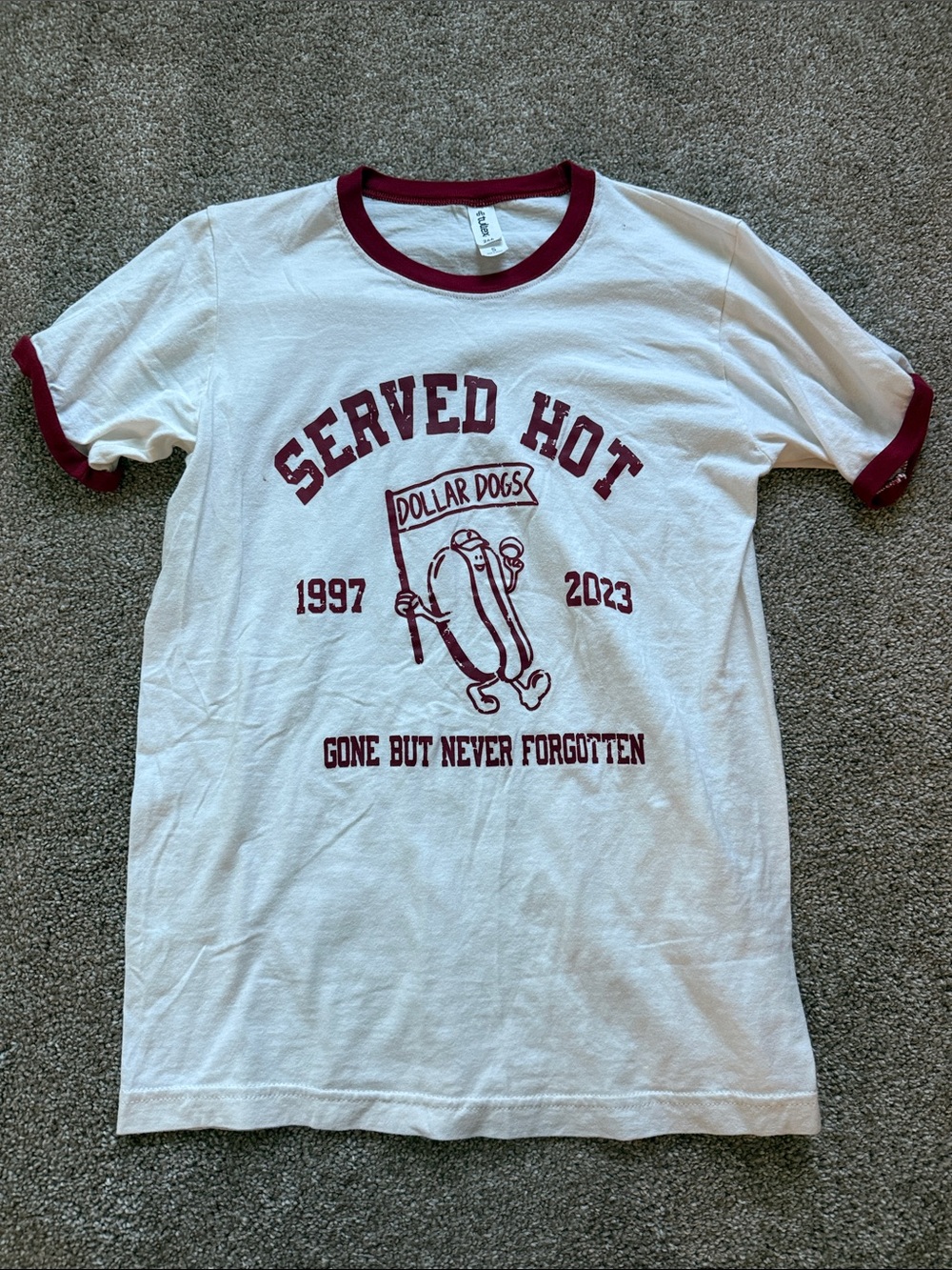 White & Burgundy Ringer Tee - 'Served Hot' Graphic